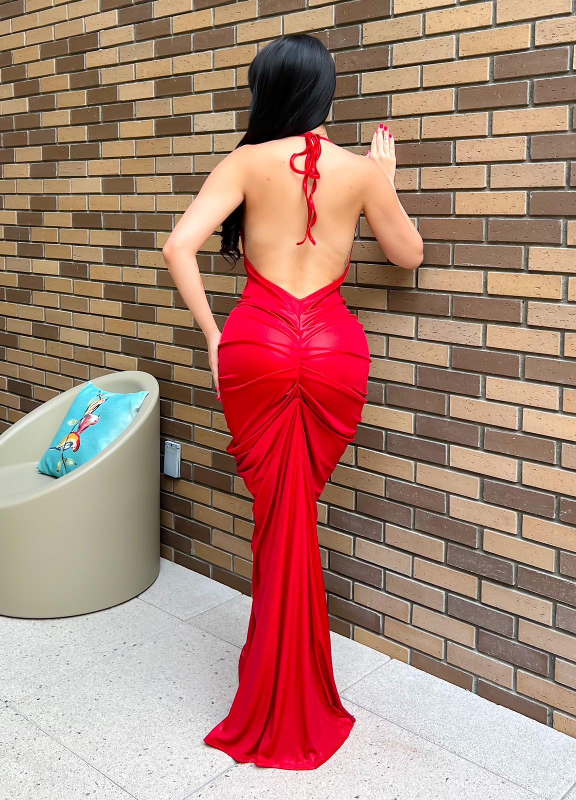 Metallic red gown dress featuring a sleek satin finish and draped floor-length design.
