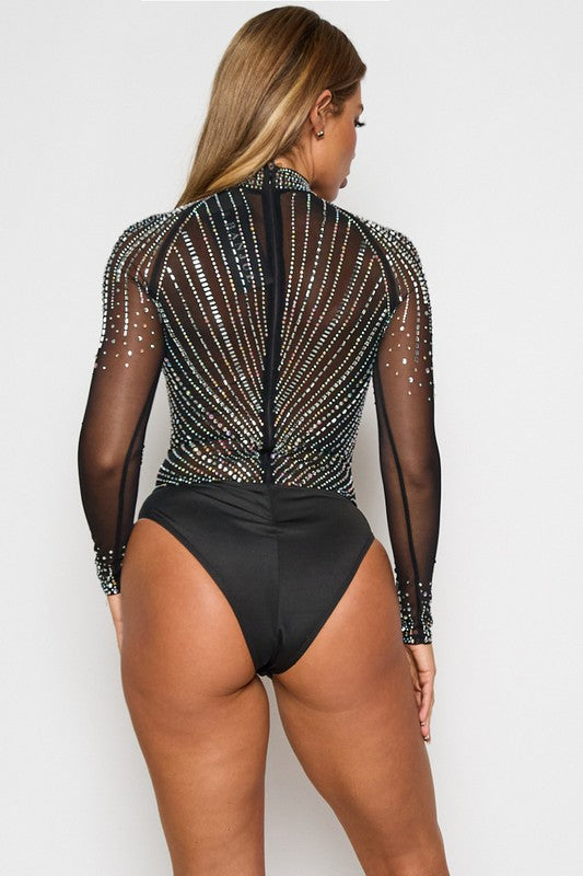 Stylish black mesh bodysuit adorned with eye-catching rhinestones, offering a touch of elegance.
