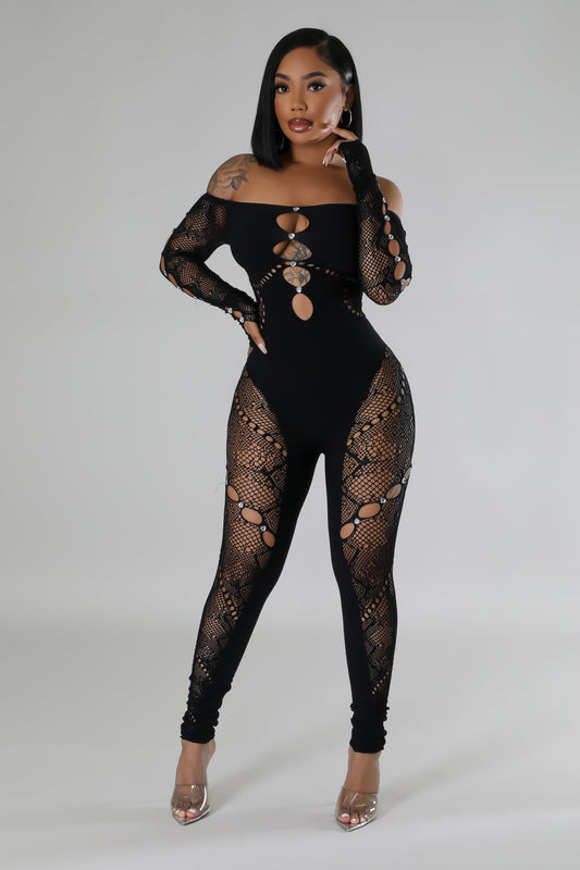 Stylish black lace jumpsuit with sheer mesh accents