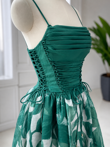 Emerald Garden Lace-Up Midi Dress | Green Floral Corset Dress