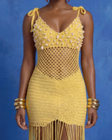 Yellow Shell Embellished Crochet Fringe Cover-Up Dress