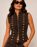 Espresso denim vest with brass buttons, close-up