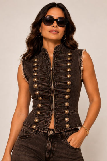 Espresso denim vest with brass buttons, close-up