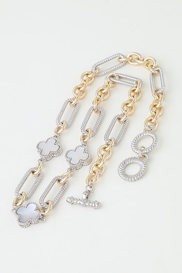 Beaded Two-Tone Cubic Zirconia Clover Chain Necklace