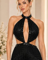 Sequin Mock Neck Maxi Dress (Black) - Palazzo Couture Online