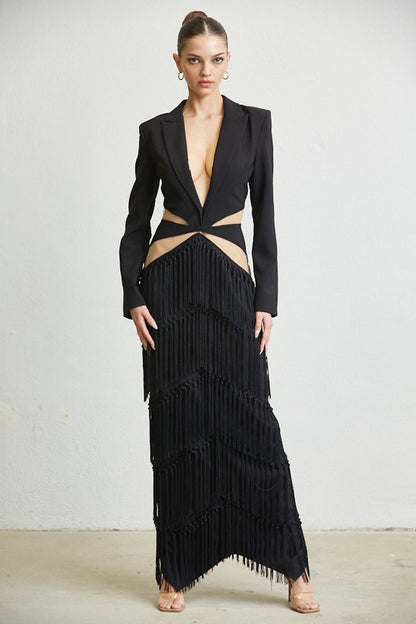 Classic Black Maxi Dress With Cut outs and fringe on the skirt