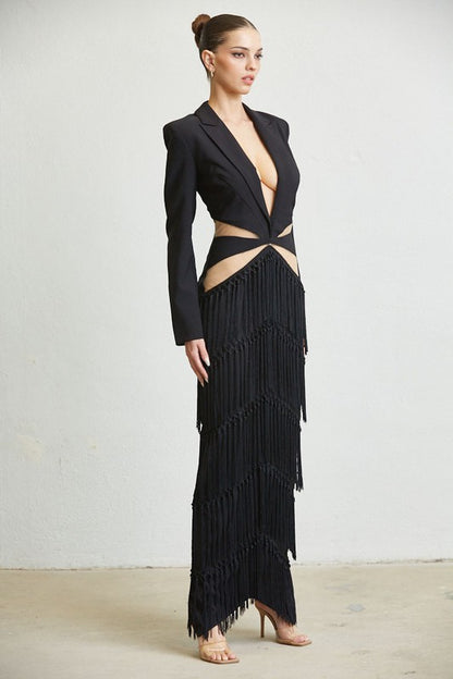 Classic Black Long Dress With Cut outs and fringe