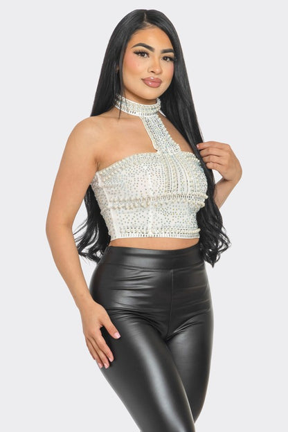 High-quality rhinestone halter top, perfect for those who love to shine at events.