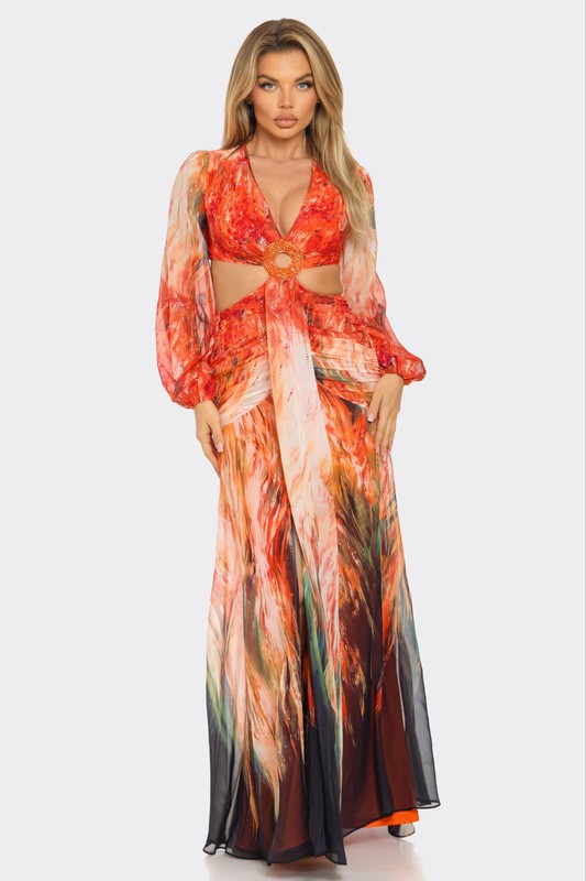 Chic abstract print maxi dress with cutout waist detail