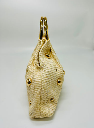 Ivory woven tote bag gold accent spheres – summer accessory