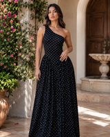 Midnight Muse Polka Dot Ruffle Maxi Dress – Black/Wh | Maxi Dress