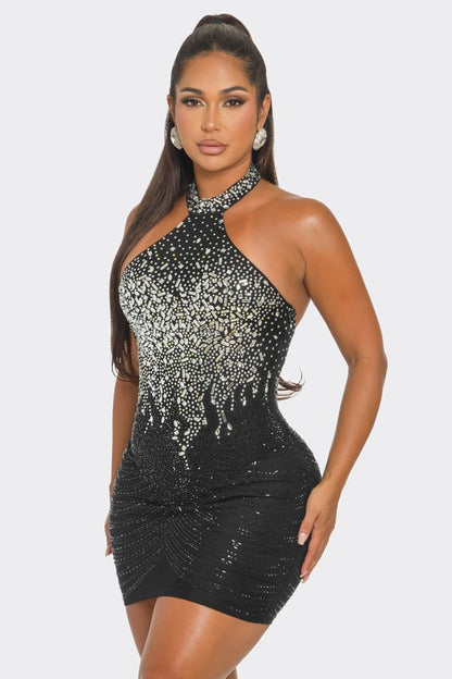 Rhinestone Flame Halter Mini Dress (Black)