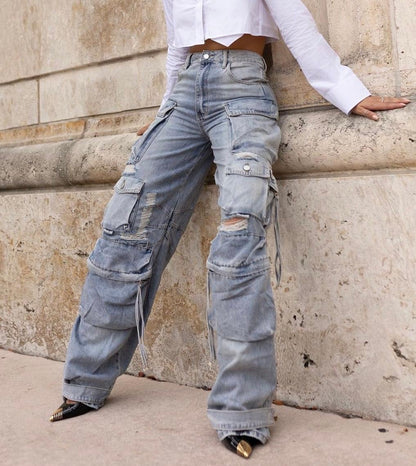 Street Utility Distressed Cargo Jeans