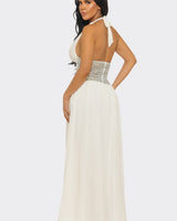 Goddess Allure Rhinestone Halter Gown- White