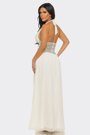 Goddess Allure Rhinestone Halter Gown- White