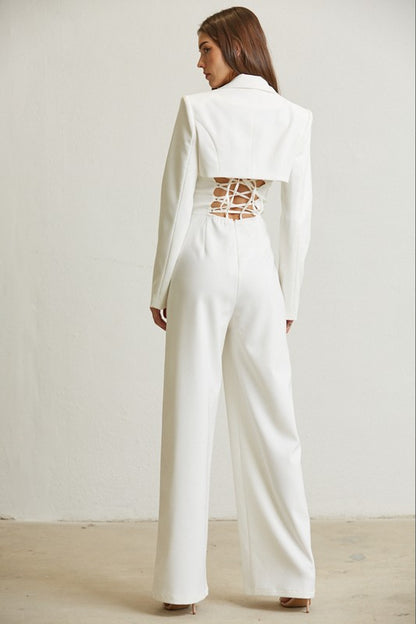 High Class Lace Trim Blazer 2 pcs Jumpsuit Set (white)