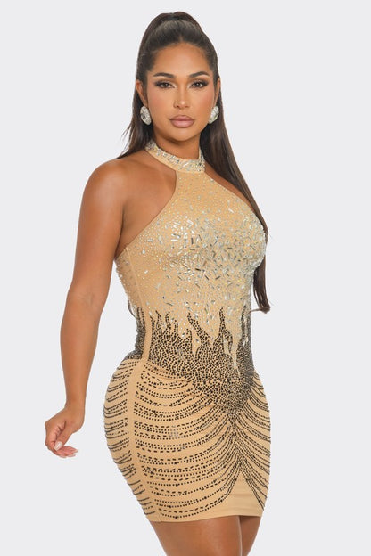 Rhinestone Flame Halter Mini Dress (Nude)