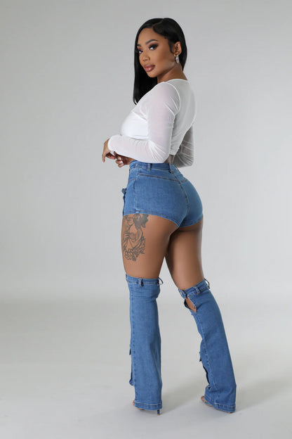 Fashionable denim skirt with high waist and removable leg extensions