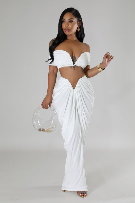 White off-shoulder two-piece evening gown with draped skirt