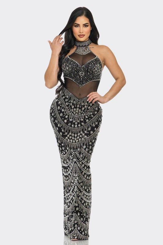 Radiant Glamour Rhinestone Maxi Dress (Black)