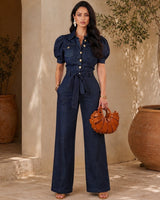 Crystal Collar Halter Denim Jumpsuit - Blue | Women's
