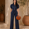 Crystal Collar Halter Denim Jumpsuit - Blue | Women's