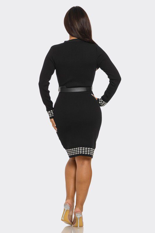 Black double-breasted knit dress featuring gold button accents and houndstooth trim.
