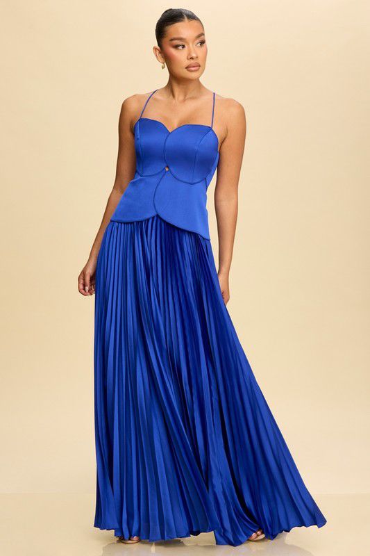 Stylish blue evening dress featuring a pleated flowing skirt and fitted bodice.
