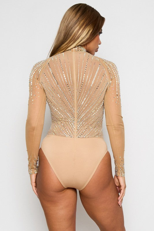 Stylish Nude mesh bodysuit adorned with eye-catching rhinestones, offering a touch of elegance.
