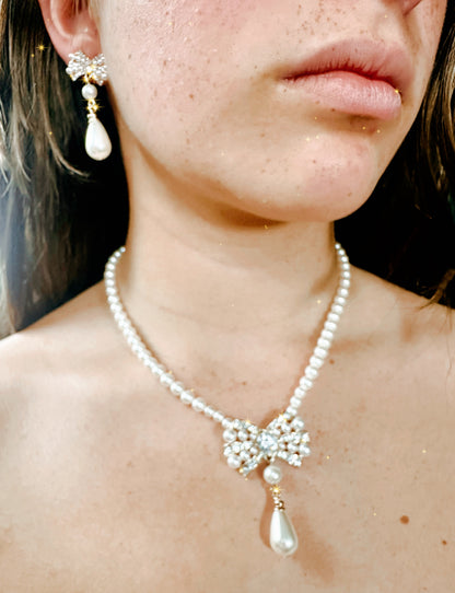 Pearl Blossom Drop Necklace Set (Gold)