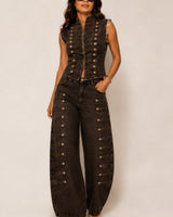 Espresso denim vest and wide-leg jean set, full view