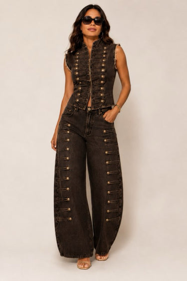 Espresso denim vest and wide-leg jean set, full view