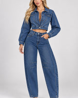 Denim Muse Two-Piece Jacket & Barrel Jeans Set- Medium Denim Blue