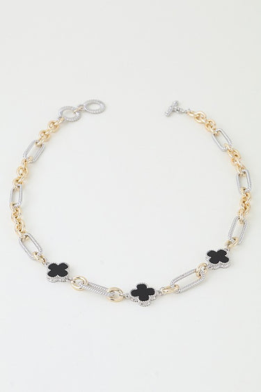 Beaded Two-Tone Cubic Zirconia Clover Chain Necklace