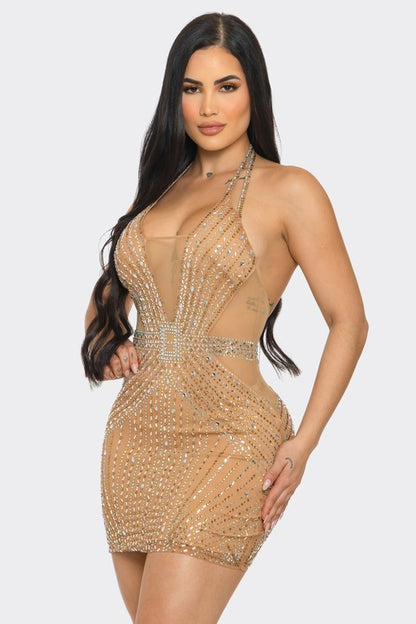 Radiant Rhinestone Halter Mini Dress