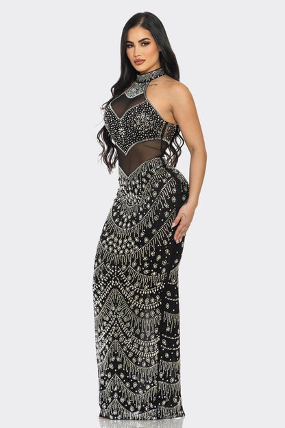 Radiant Glamour Rhinestone Maxi Dress (Black)