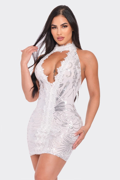 Fell From Heaven Sequin Crochet Mini Dress (White)