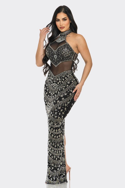 Radiant Glamour Rhinestone Maxi Dress (Black)