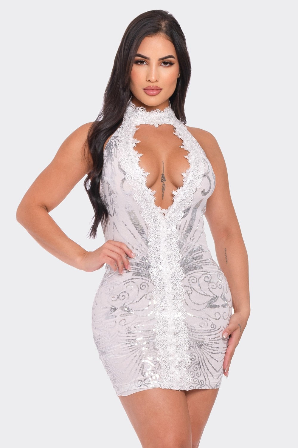 Fell From Heaven Sequin Crochet Mini Dress (White)