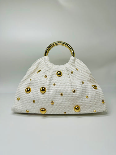 White woven summer tote bag with soft straw-textured finish