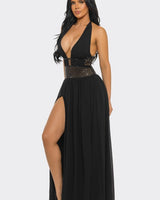 Goddess Allure Rhinestone Halter Gown- Black