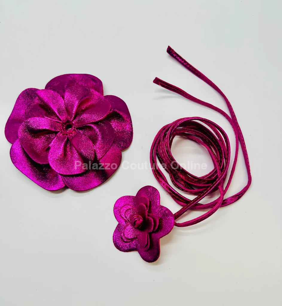 Fuchsia leather flower choker with a striking handcrafted design for women.