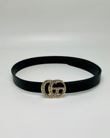 Black synthetic leather belt with rhinestone buckle