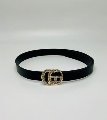 Black synthetic leather belt with rhinestone buckle