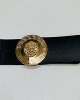 Lion accent gold buckle elastic belt (black) – modern accessory for waist definition