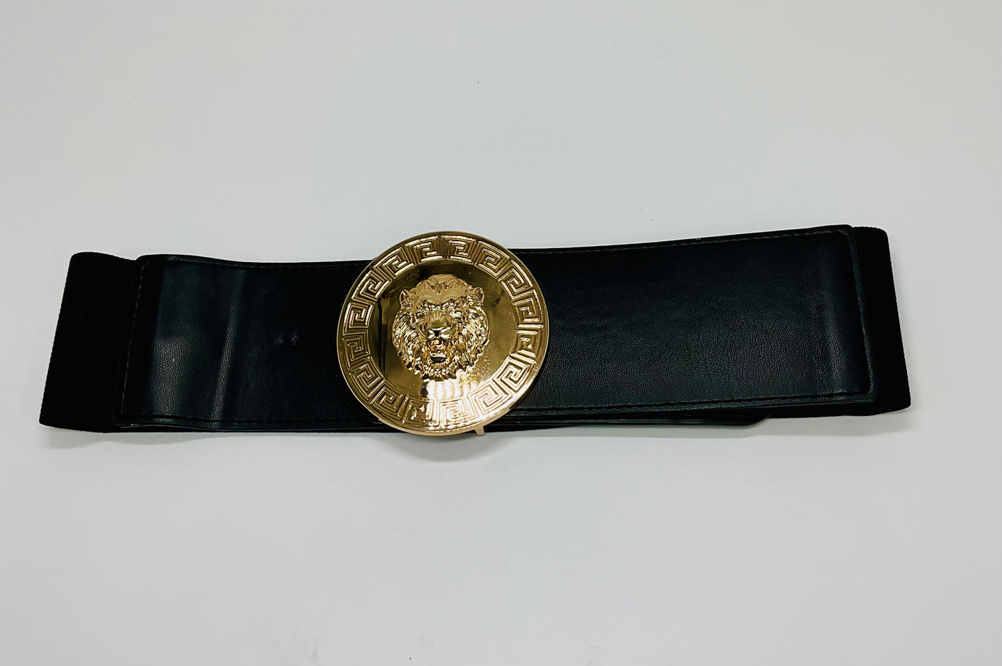 Lion Accent Gold Plain Buckle Elastic Belt (Black)
