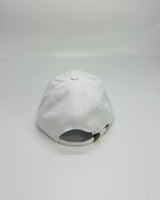 Adjustable white cap with curved brim and back strap