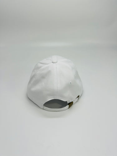 Adjustable white cap with curved brim and back strap