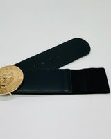 Lion accent gold buckle elastic belt in black – wide elastic strap with gold lion motif buckle