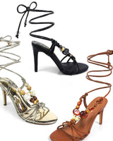 Assa Lace-Up Beaded Heels Tan